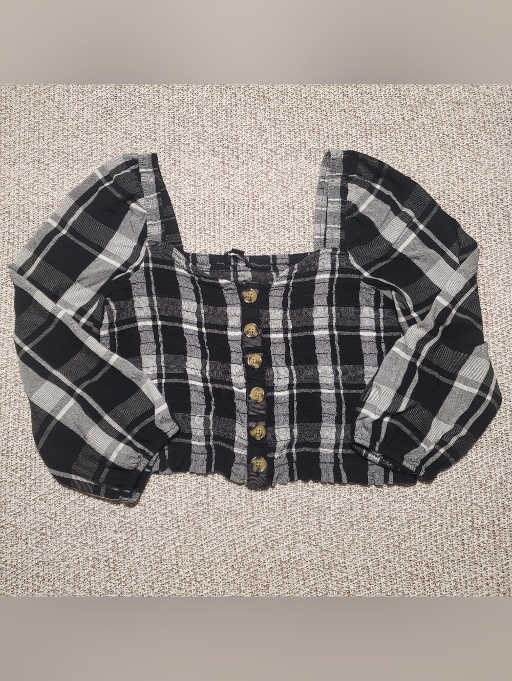 American Eagle Outfitters Black and Gray Plaid Button-Front Crop Top